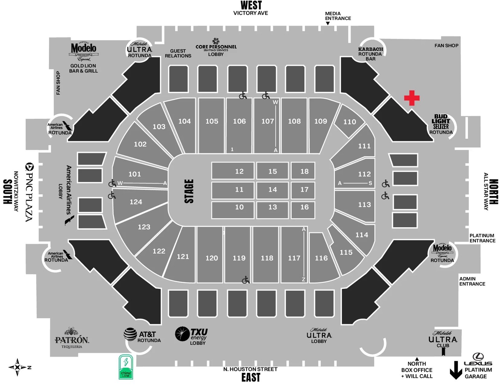 American Airlines Center Seating Layout with seat number and Rows