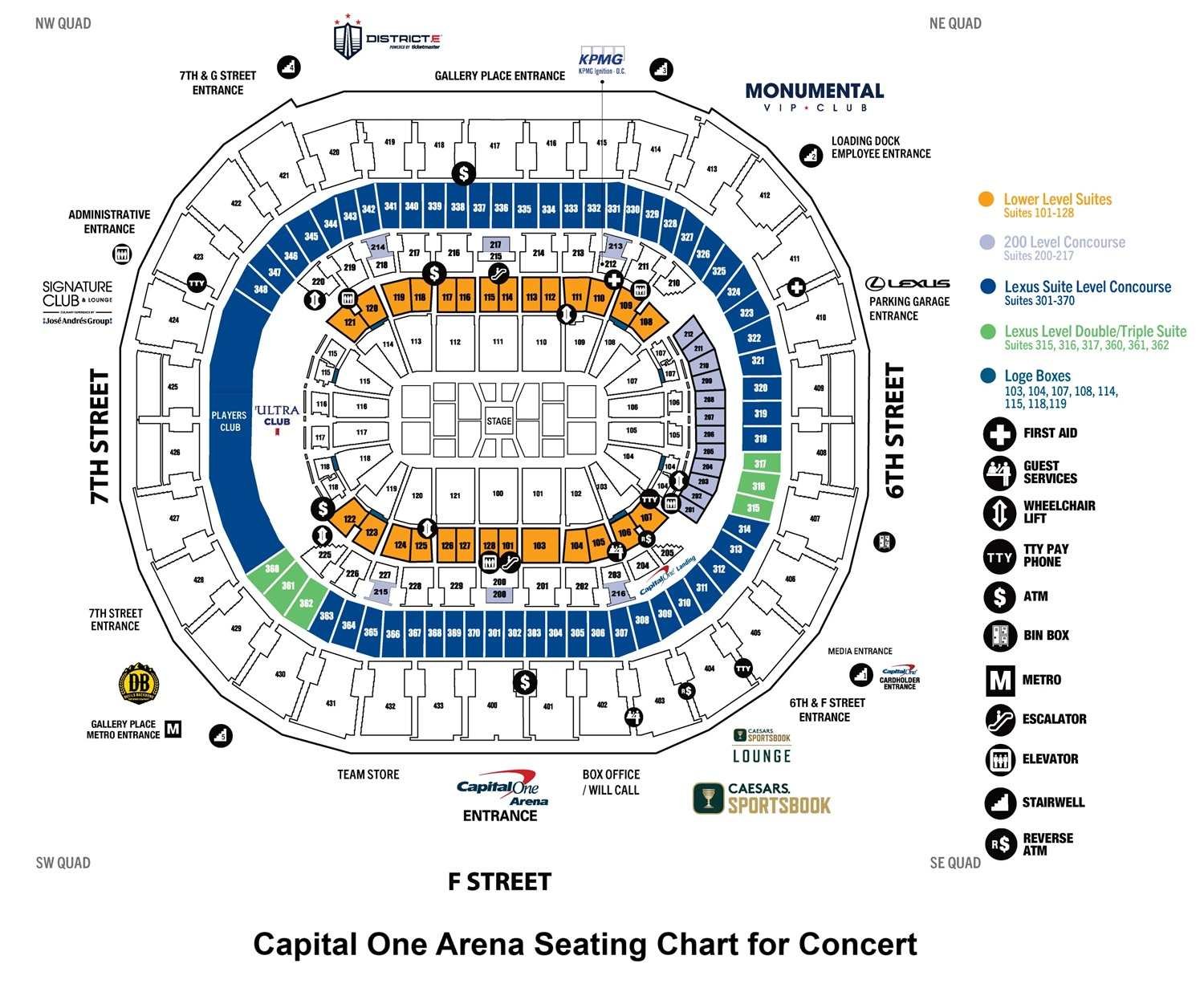 Capital One Arena Seating Map for concerts with Seat Numbers