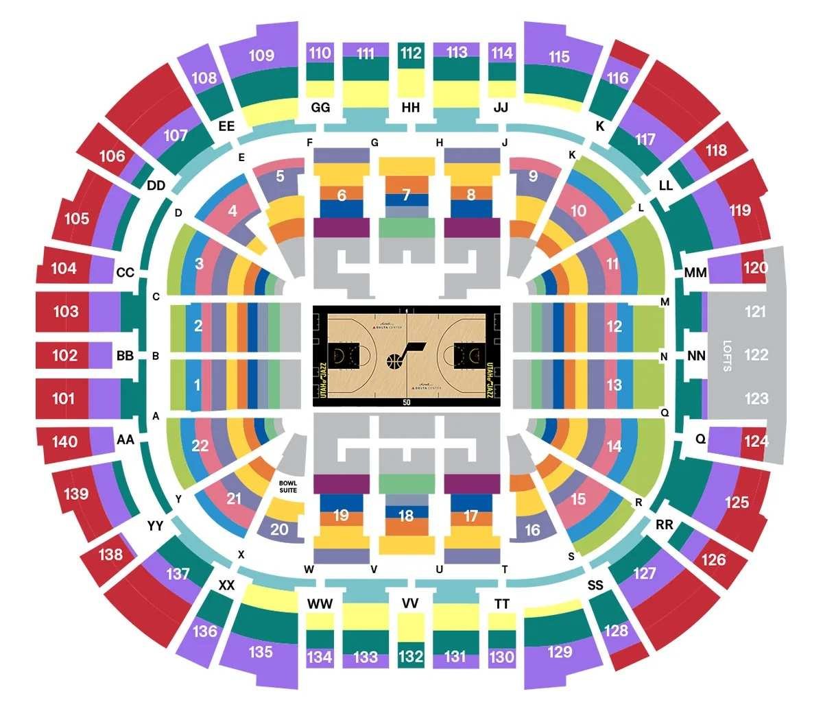 Delta Center Seating Chart for Basketball with Seat Number and Rows