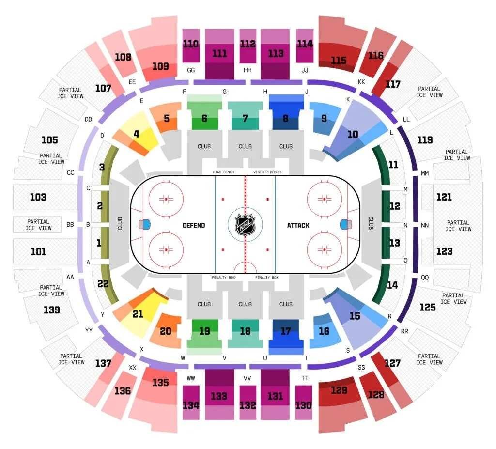 Delta Center Seating Map for Hockey with Seat Number and Rows