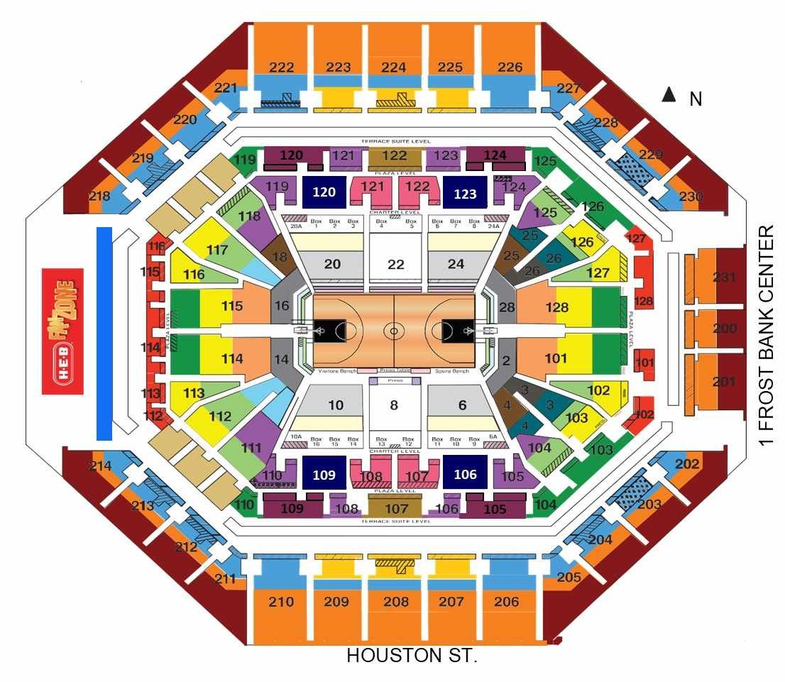 Frost Bank Center Seating Plan with Seat Numbers and Rows