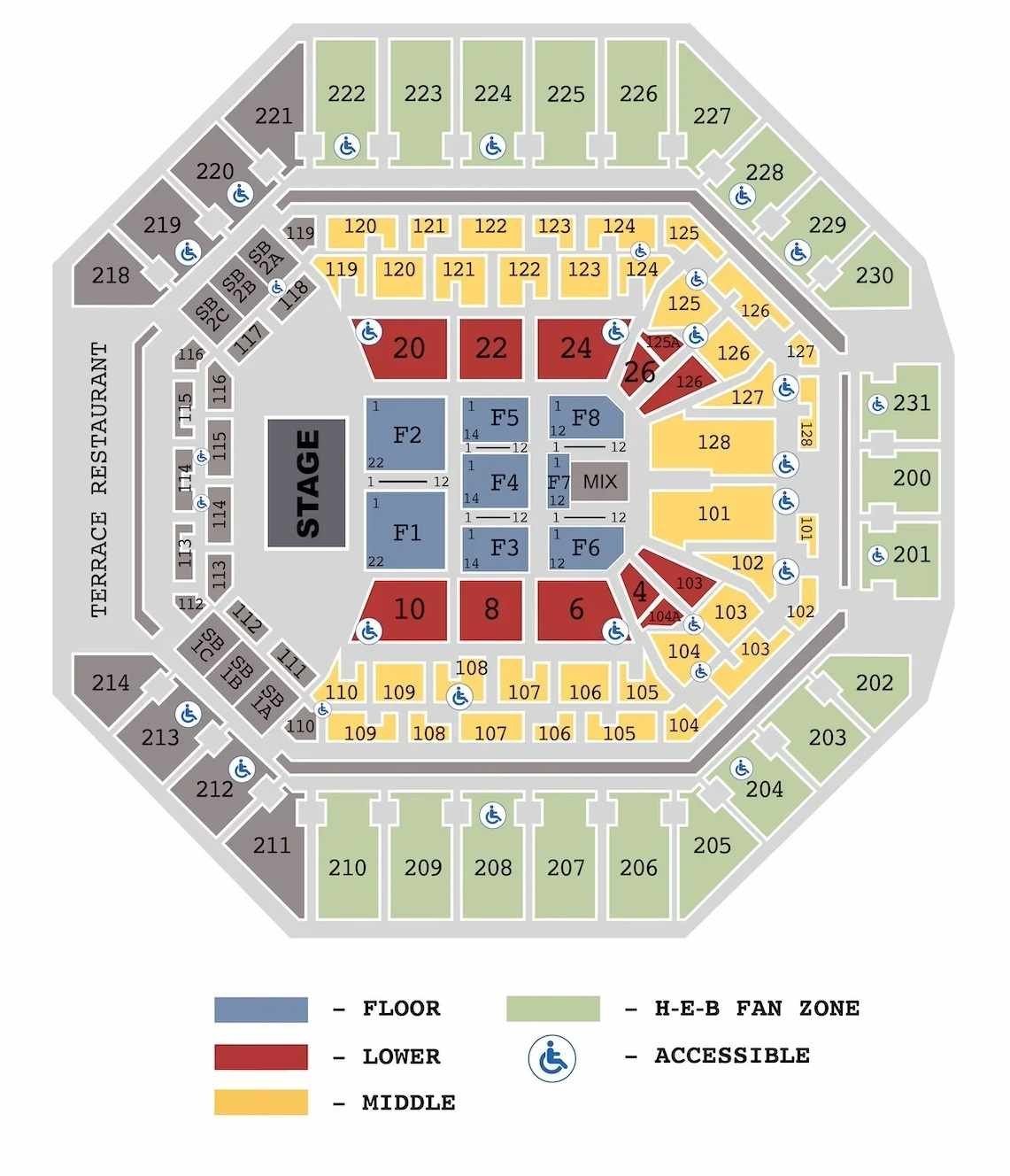 Frost Bank Center Concert Seating Chart with Seat Numbers and Rows
