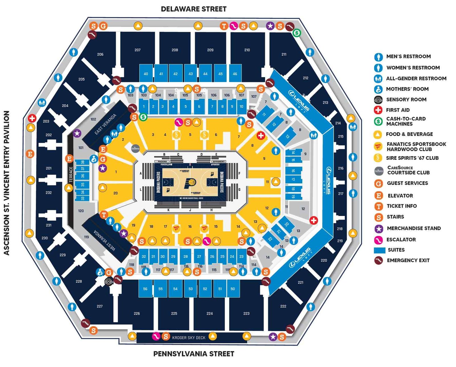 Gainbridge Fieldhouse Seating Map with Seat Numbers and Rows