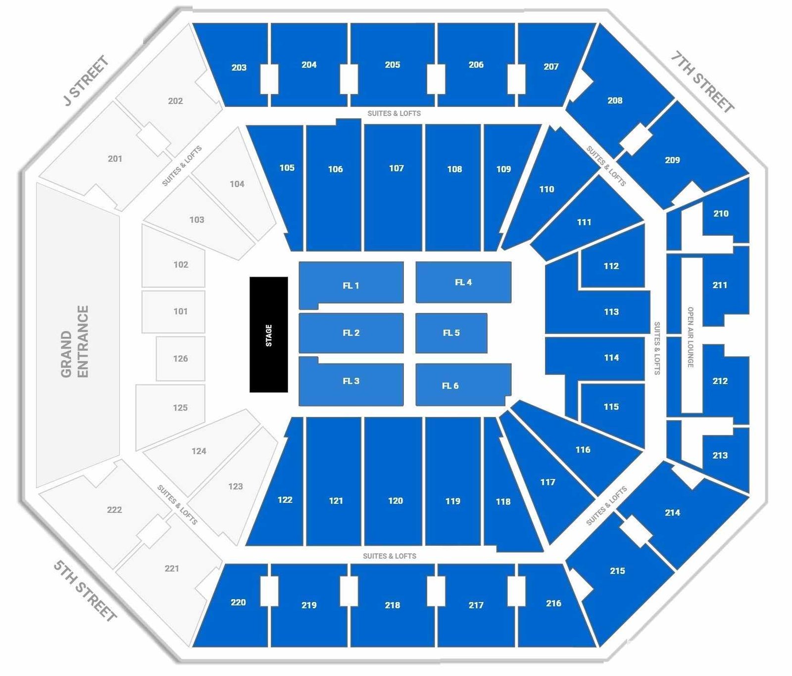 Golden 1 Center Seating Plan for Concert with Seat Numbers and Rows