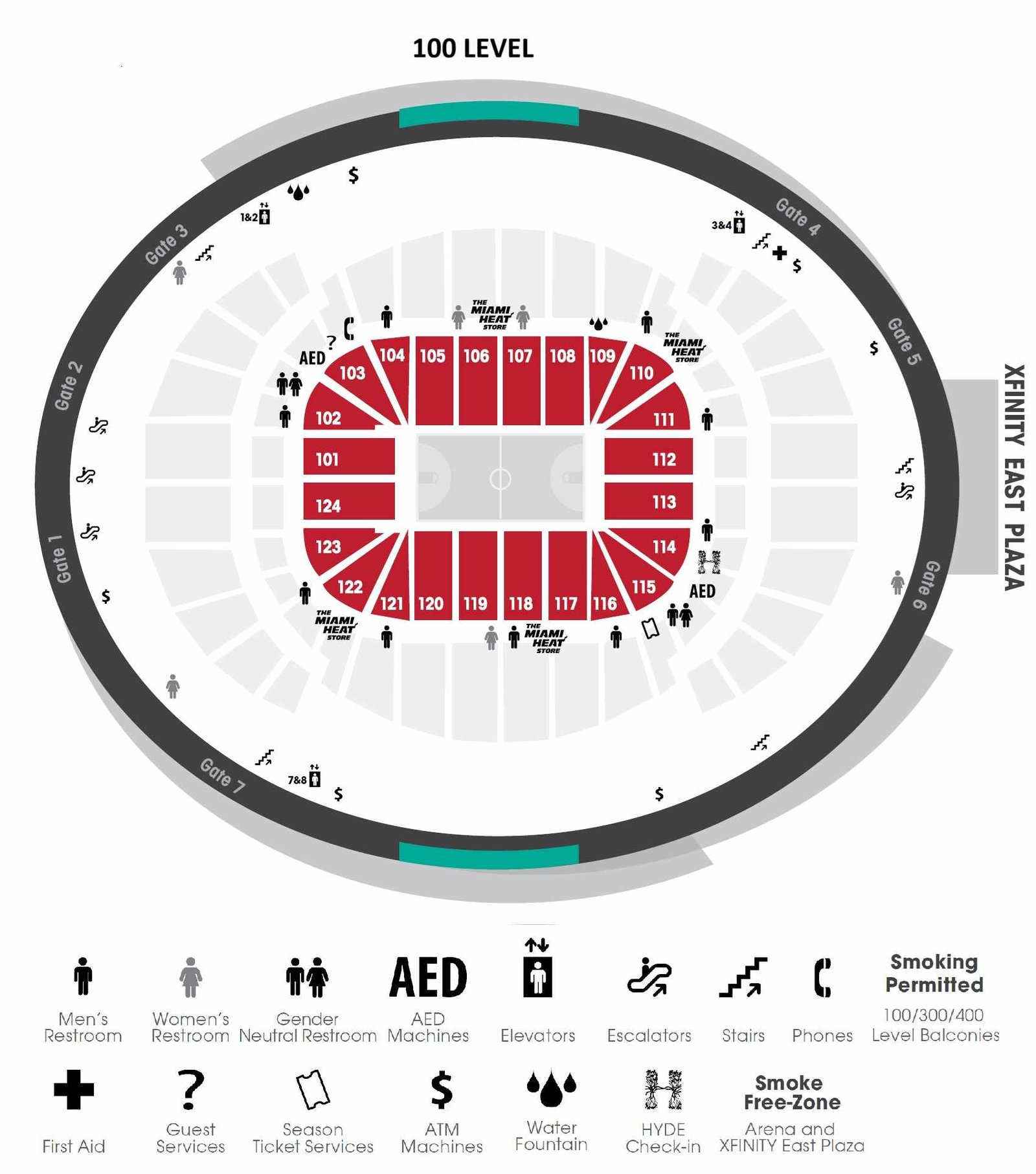 Seating Layout of Kaseya Center 100 Level with facilities information 