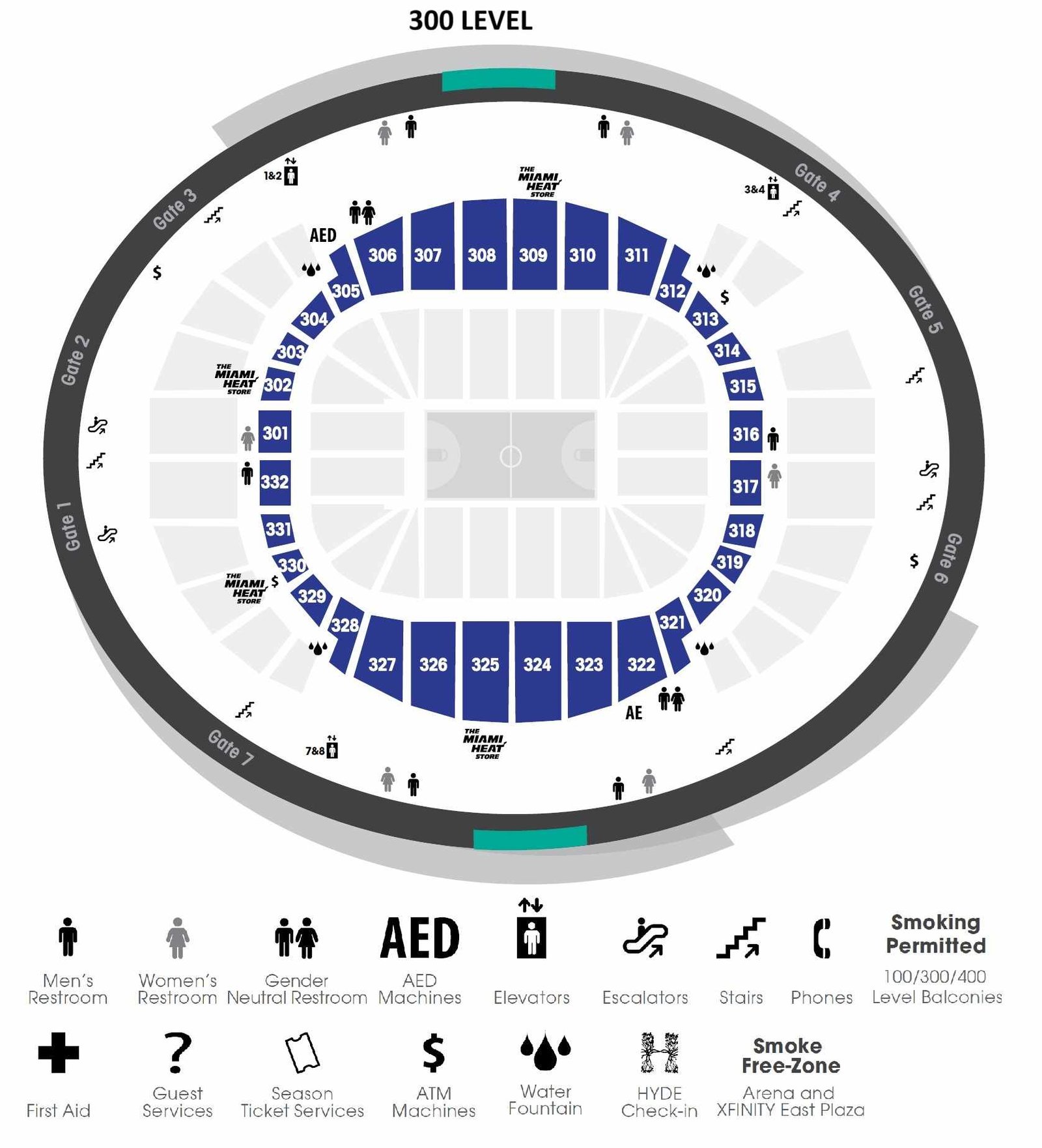 Seating Chart of Kaseya Center 300 Level with facilities information 