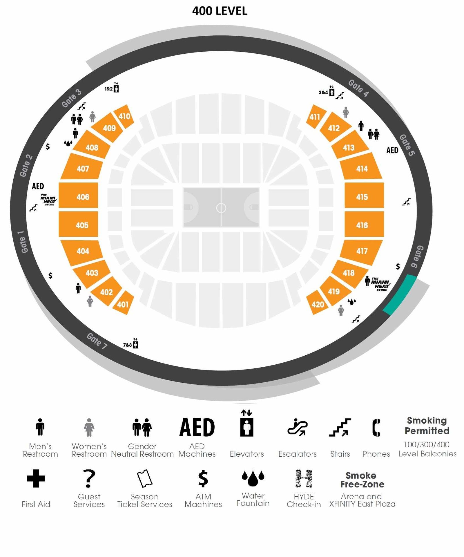 Seating Plan of Kaseya Center 400 Level with facilities information 