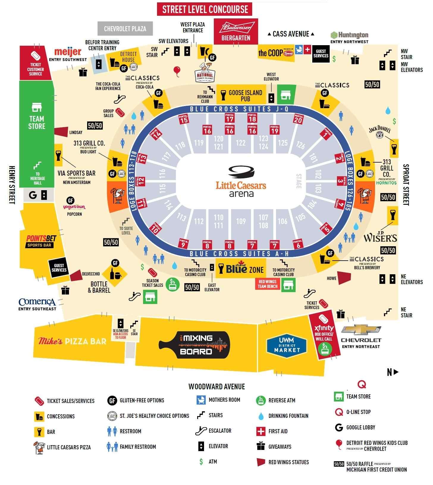 Little Caesars Arena Seating Plan with facilities information