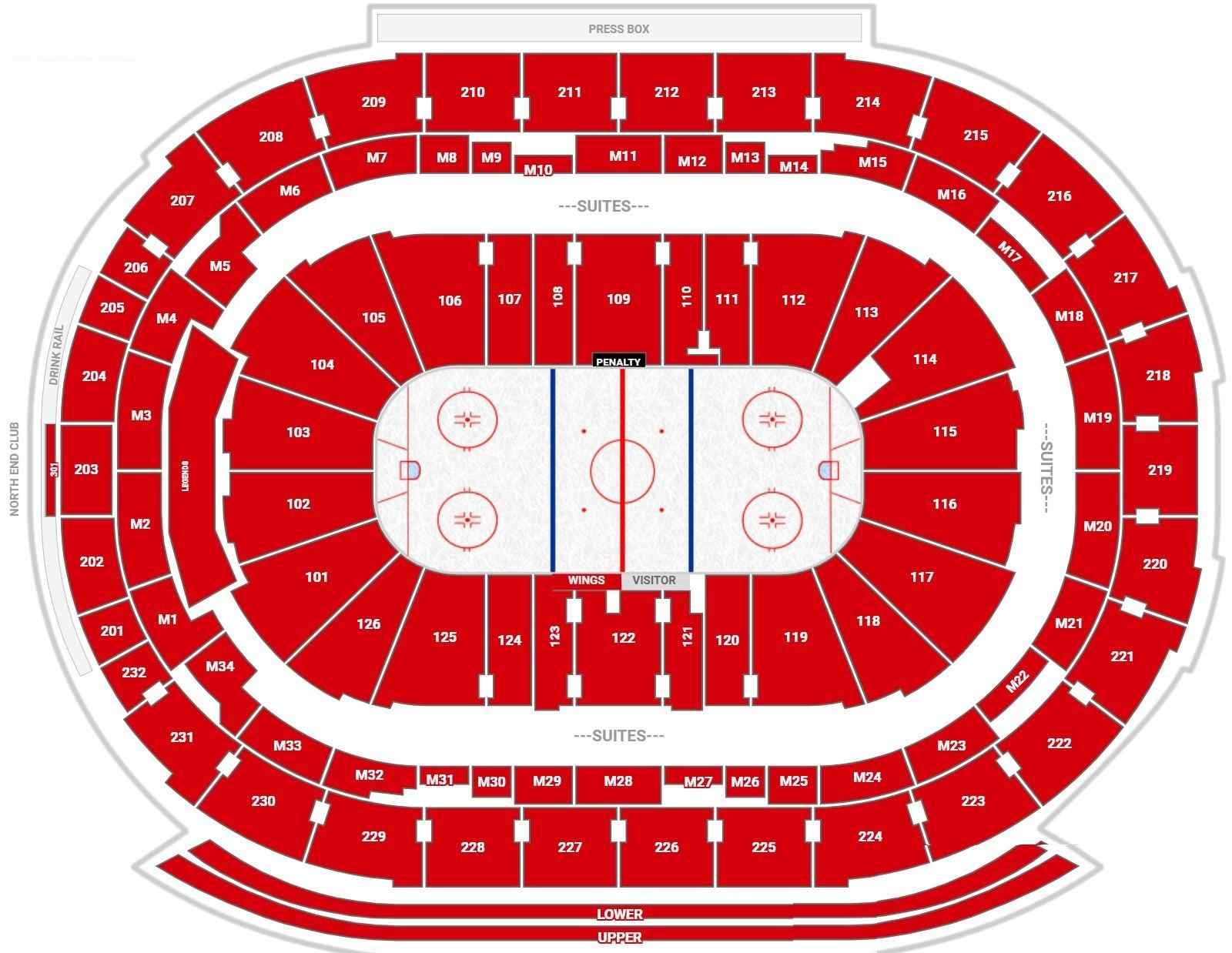 Little Caesars Arena Seating Plan with Seat Numbers and Rows