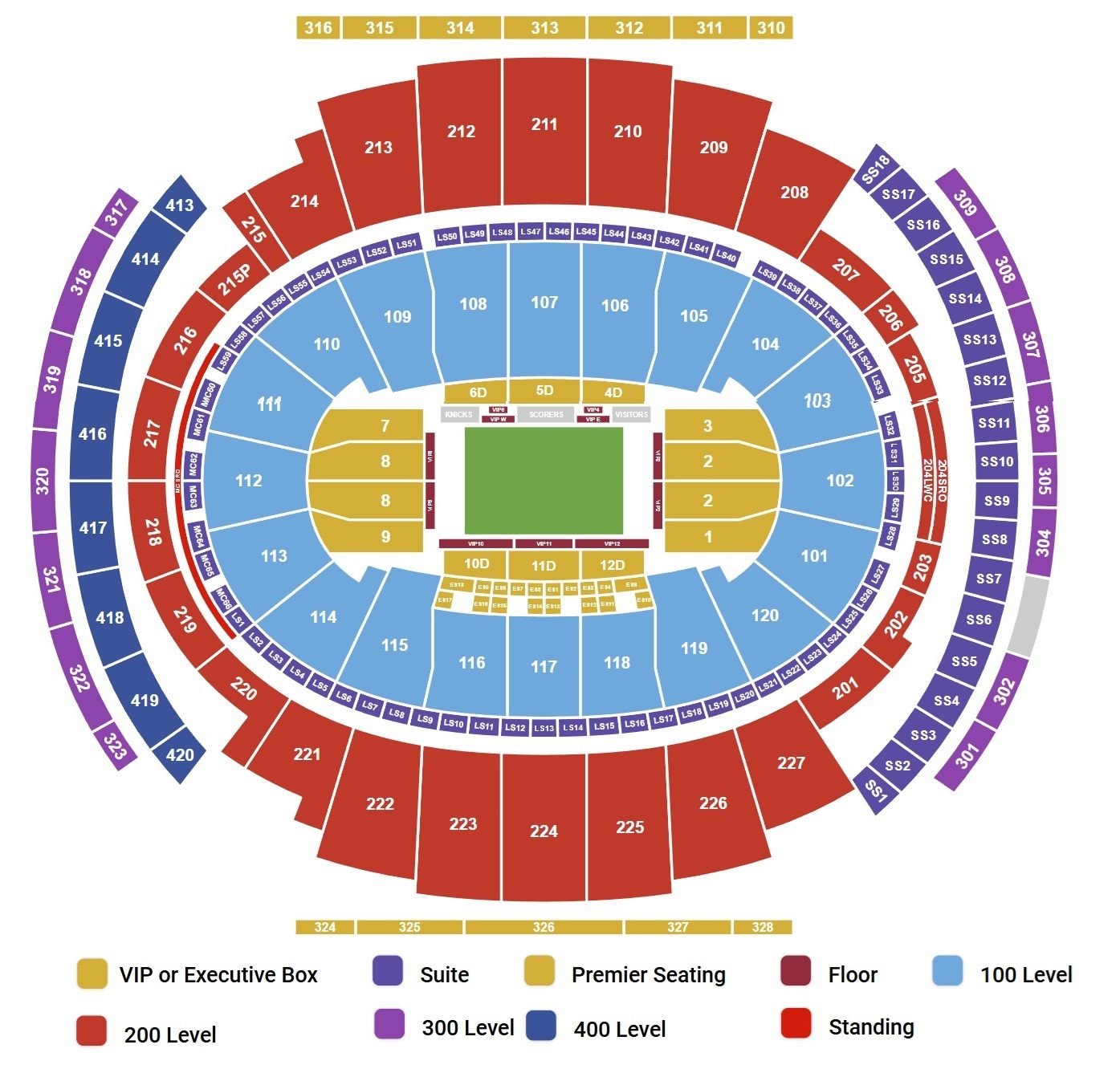 Madison Square Garden Seating Plan with seat numbers and rows