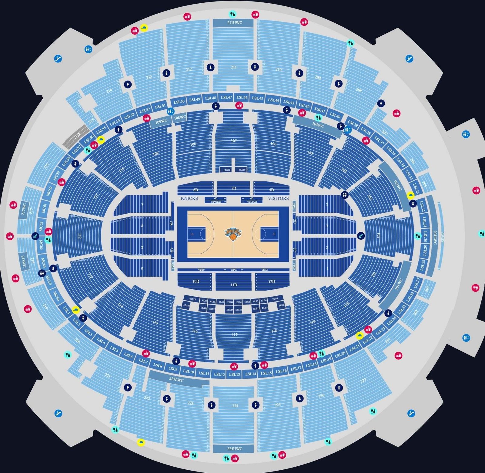 Madison Square Garden Seating Chart with seat numbers and rows