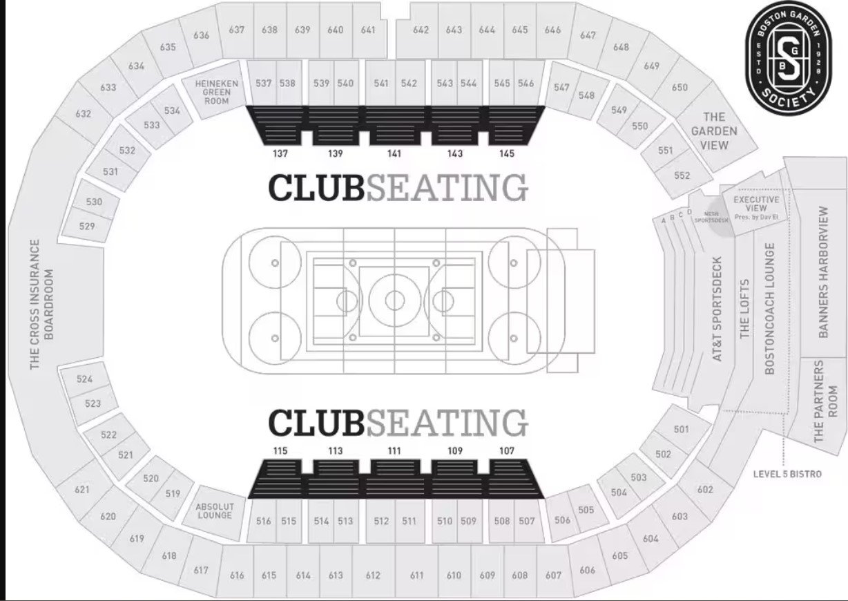 TD Garden Seating Plan with Seat Number and Rows