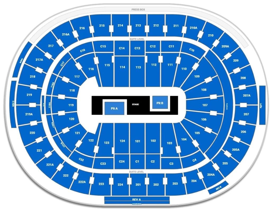 Xfinity Mobile Arena Concert Seating Plan with seat number and rows