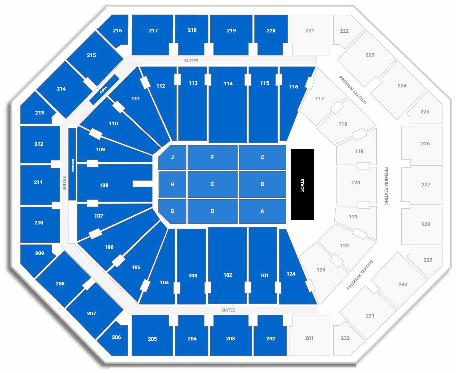 Mortgage Matchup Center seating map for concert with seat number and row