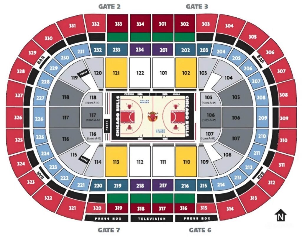 Chicago Bulls seating map with seat number and row