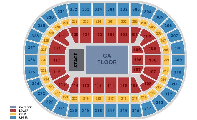Concert Seating Map of United Center with seat number and row